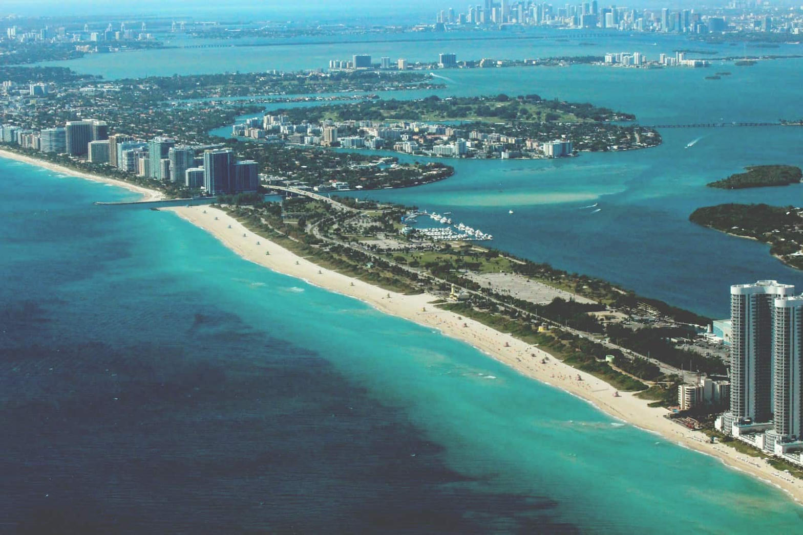 Aerial view of Miami Beach, the Atlantic, and Biscayne Bay