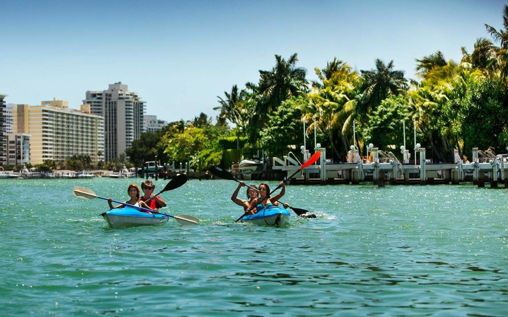 Kayakers on turquoise water beside palms and Miami towers